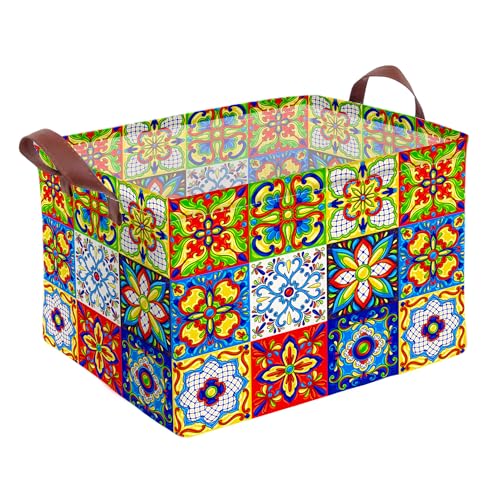 Mexican Talavera Decoration Storage Basket Waterproof Canvas Toy Storage Bin Collapsible Outdoor Basket with Leather Handles Mexican Talavera Decor Blanket Baskets For Closets,Bedrooms,Gifts Baskets - color: Mexican Talavera Decoration