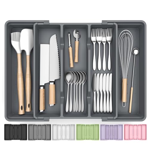 Silverware Organizer, Expandable Utensil Drawer Organizer for Kitchen Drawers, Kitchen Drawer Organizer for Spoons/Forks/Knives, Multipurpose & BPA Free Cutlery Tray, Grey, 1 Pack - color: Gray