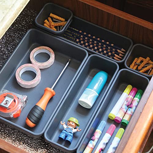 Set of 12 Interlocking Desk Drawer Organizer Tray Dividers Plastic Shallow Narrow Drawers Organizers Separators and Storage Bins Container for Kitchen Bathroom Makeup Office Vanity Bedroom Dresser - color: Black