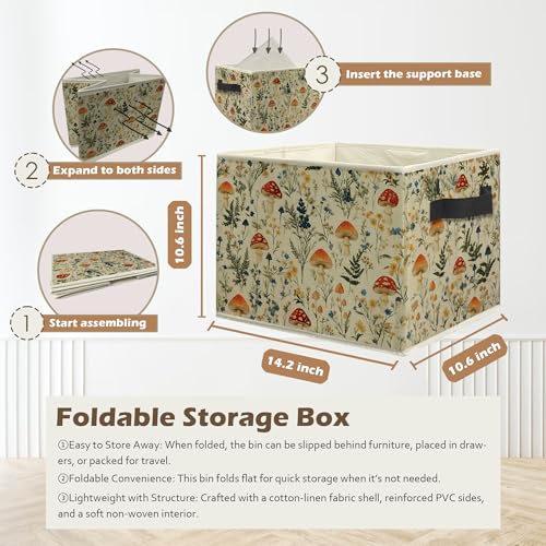 Rustic Mushroom Storage Box Bins, Cottagecore Wildflower Botanical Mushroom Collapsible Storage Basket Organizer for Bedroom Laundry Room Home Clothes Toys Books, Toybox for Kids - color: Floral A