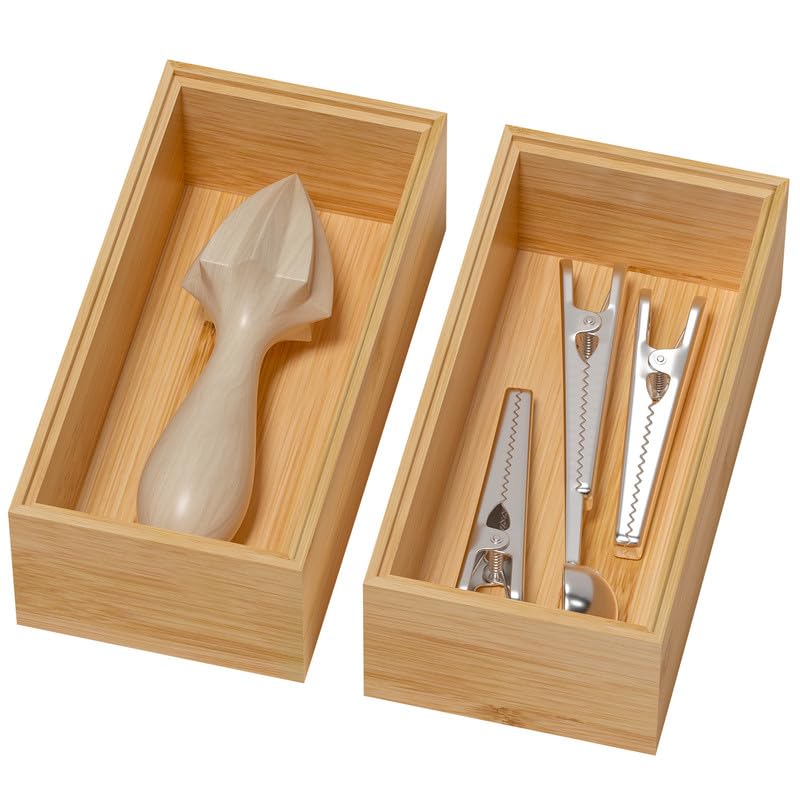Lixple Bamboo Drawer Organizer, Small Silverware Organizer for Kitchen Drawer, Stackable Utensil Tray, 2 Pcs Flatware Organizer, Bamboo 6" x 3" x 2" (Outer), 5.3" x 2.3" x 1.77" (Inner) - color: Yellow, size: 6 x 3 x 2 Inch