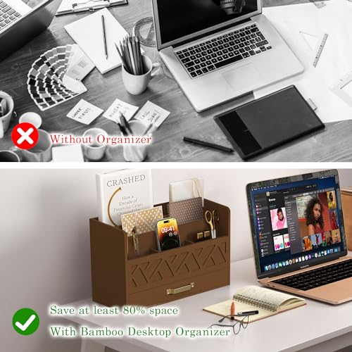WISUCART Bamboo Mail Organizer Countertop Wood Desk Organizer Drawer Tabletop Storage Box Letter Sorter Makeup Organizer for School Home Office Supplies Brown - color: Brown