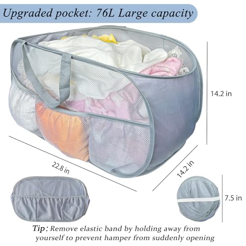Collapsible Laundry Baskets 2 Pack, Mesh Pop Up Hamper with Handles, Portable Stair Basket, Dorm or Room Folding Bin, Dirty Clothes Hamper Light Breathable. Grey. 2H - color: Grey, size: 2-Pack Horizontal