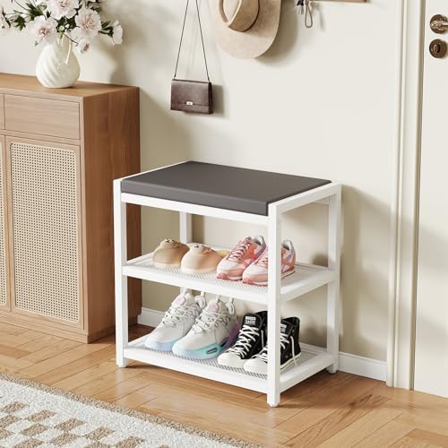 Small Shoe Bench Shoe Rack Storage Bench Entryway Bench Shoe Shelf with Seat Cushion, Stable Shoe Organizer for Entryway, Living Room, Bench Seat Holds Up to 300 lb, (18"L x 12"W x 17"H, White) - color: White, size: 18"L x 12"W x 17"H