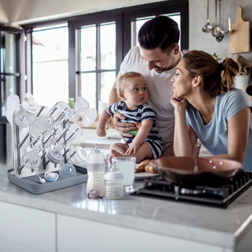 Termichy Baby Bottle Drying Rack: Vertical Bottle Dryer Rack Holder with Brushes Set- Drying Rack & Nipple Scrubber-Space Saving Standing Drying Rack for Baby Bottles and Pump Part Cleaning - color: Gray(with Brushes)