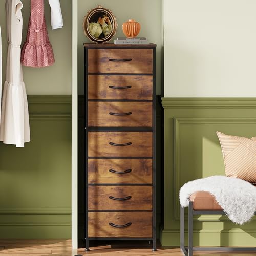 WLIVE Tall Dresser for Bedroom, 7 Drawer Dressers & Chests of Drawers, Fabric Dresser for Closet, Night Stand with Metal Frame, Storage Tower with Fabric Bins, Wood Top, Rustic Brown Wood Grain Print - color: Rustic Brown Wood Grain Print, size: 11.73"D x