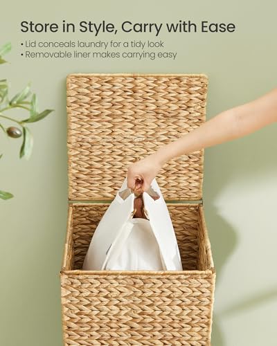 SONGMICS Laundry Hamper, 25 Gal. (95 L) Handwoven Water Hyacinth Wicker Laundry Basket with Lid, Natural Material, Removable Machine Washable Liner, Handles, Natural ULCB201Y01 - color: Natural, size: 95 L (Handwoven )