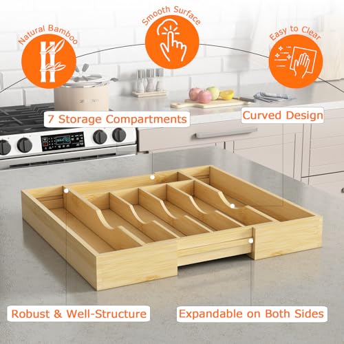 Youpehom Bamboo Utensil Organizer for Kitchen Drawers, Expandable Utensil Tray and Cutlery Silverware Holder,Wood Drawer Dividers with 7 Adjustable Slots - size: 7 Slots Expandable