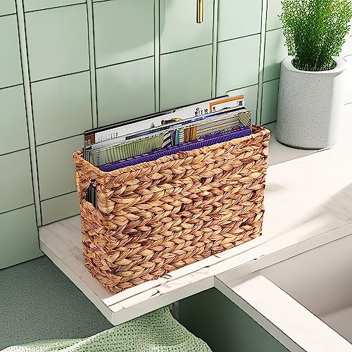Yesland Hand-Woven Narrow Water Hyacinth Holder Wicker Basket, 15.5 x 5.5 x 9.75 Inch Decorative Magazine Storage Basket Bin for Home, Office, Desk