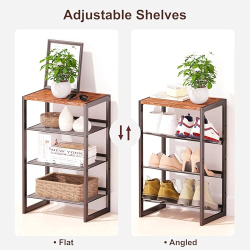 CHEMPFR Narrow 4-Tier Shoe Rack, Slim Space-Saving Shelf with Decorative Wood Top & Steel Mesh, Entryway/Closet/Dorm Organizer, 16.5x11.8x27.9 Inches - size: 4 Tier (16.5″x11.8″x27.9″)