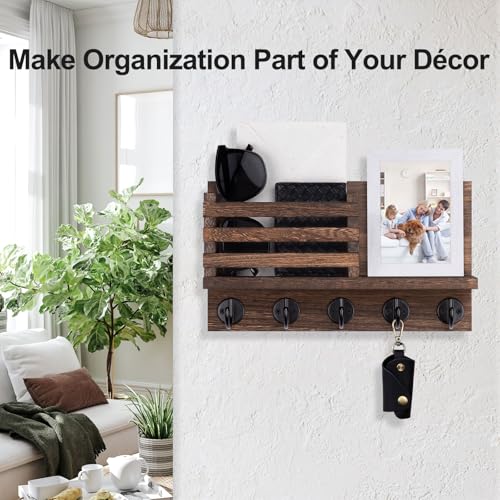 Lwenki Key Holder for Wall – Decorative Wooden Mail Holder and Key Shelf with Mounting Hardware, Installation Guide – Paulownia Wood with Metal Key Hooks (Brown, Large - 11.8inch) - color: Brown, size: Large - 11.8inch