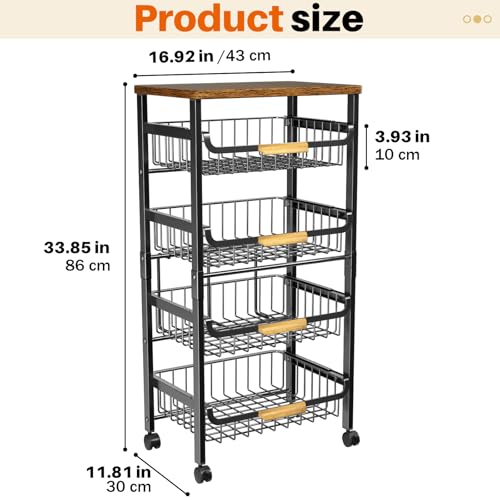 5-Tier Rolling Utility Cart, Kitchen Storage Cart with Wheels, Large Capacity Utility Cart with Wooden Tabletop & Mesh Baskets for Kitchen, Bathroom, Laundry Room