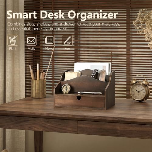 Rebee Vision Acacia Wood Mail Organizer for Desk – Farmhouse Countertop Mail Holder with Dividers – 4-Slot Letter Sorter for Key & Jewelry– Desktop Organizer for Home Decor (Dark Acacia) - color: B-dark Acacia