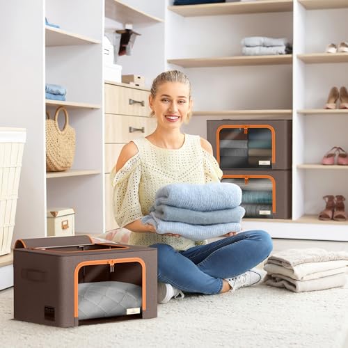 Sorbus Storage Bins with Metal Frame - Stackable & Foldable Clothes Organizer Bags - Oxford Fabric Storage Containers with Large Clear Window & Carry Handles Organization for Bedding Linen & Clothing - color: Brown, size: 4 Pack