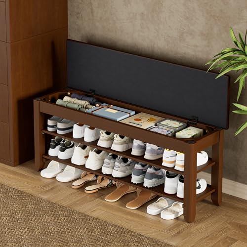 Homleke Shoe Rack Bench with Flip-Top Storage, Solid Wood Entryway Bench with Cushion, Adjustable Shelf, for Hallway, Mudroom, Closet – Walnut, 39.4" - color: Walnut, size: 39.4"