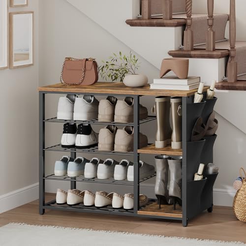 YATINEY Industrial 5-Tier Shoe Rack, Metal Shoe Storage Organizer with Side Oxford Pocket, Entryway Heavy Duty Shoe Shelf for Small Spaces, Entryway, Hallway, Rustic Brown and Black SS84BR
