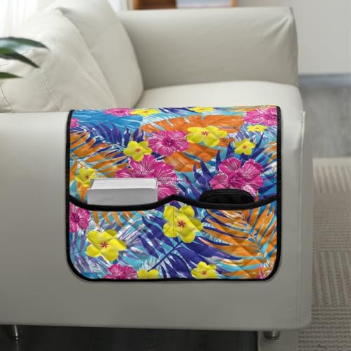 Colorful Tropical Hibiscus Print Sofa Armrest Cover Washable Armchair Slipcovers with Side Storage Pocket Couch Arm Protector Non-Slip Chair Arm Covers - color: Colorful Tropical Hibiscus