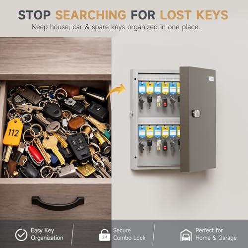 WeHere 32 Key Lock Box - Wall Mounted Key Cabinet with 3-Digit Combination Lock & Backup Key, Key Organizer Lockbox for Home, Office, Rental, Property Management, Includes Key Tags - size: 32 Key Box (Basic)