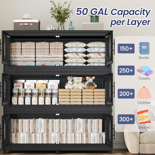 250Gal Extra Large Stackable Storage Bins with Lid & Wheels & Doors, 200QT/50GAL 5-Tiers Collapsible Closet Organizers Plastic Containers Drawers Boxes for Home Kitchen Bedroom, Black - color: Black, size: 50Gal-5Pack