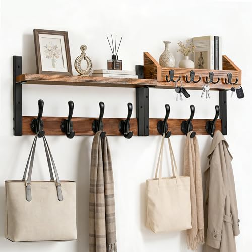 Coat Rack Wall Mount with Shelf, 29 inch Entryway Wall Shelf with 11 Metal Hooks, 4 in 1 Coat Hanger and Key Holder Wall Mount with Mail Organizer for Living Room, Bedroom