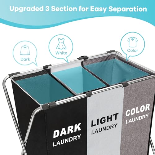 150L Laundry Cloth Hamper Sorter Basket Bin Foldable 3 Sections with stainless steel Frame Washing Storage Dirty Clothes Bag for Bathroom Bedroom Home Storage Basket (Black+Gray+Coffee) - color: Black+Gray+Coffee, size: 3 Sections