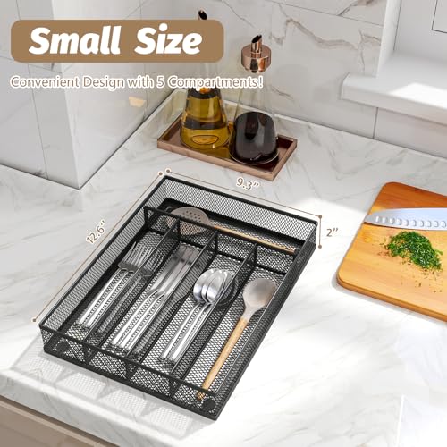 Sedegn Silverware Organizer Metal Mesh, Small Drawer Organizer, Utensil Cutlery Tray for kitchen drawers, Flatware Organizer with 5 Compartment, Black(9.3"*12.6") - color: Black, size: 9.3"*12.6"