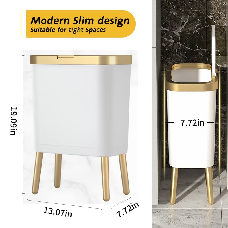 Procade Bathroom Trash Can with Lid, Plastic Garbage Can with Legs, 4 Gallon Gold Trash Bin with Push Button, Narrow White Trash Can Waste Basket for Bedroom, Living Room,Office，Dog Proof Trash Bin - color: White