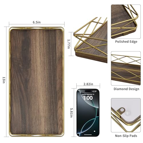 Lixple Toilet Paper Basket Holder, 13" Toilet Tank Tray, Wood and Metal Toilet Tray Vanity Organizer Bathroom Tray, Kitchen Sink Organizer for Soap Dispenser (Brown+Gold) - color: Brown+gold