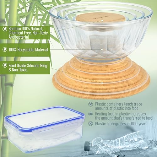 Large Stackable Set of 5 Nesting Glass Bowls with Bamboo Lids for Foodprep, Storage, Baking, Sourdough Mixing & Cooking. Microwave & Oven Safe Heat Resistant Inert Borosilicate Glass - color: 5 Mixing Bowls with Bamboo Lids (Diamond)