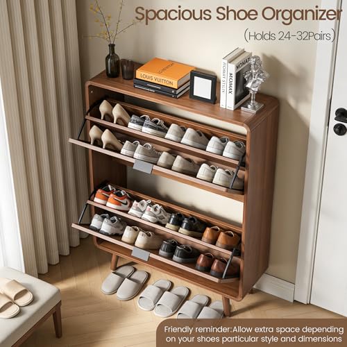 FurSch Fluted Shoe Storage Cabinet with 2 Flip Drawers, Narrow Shoe Rack Cabinet Organizer with Adjustable & Removable Shelves for Entryway (All Walnut, 2 Drawers) - color: All Walnut, size: 2 Drawers