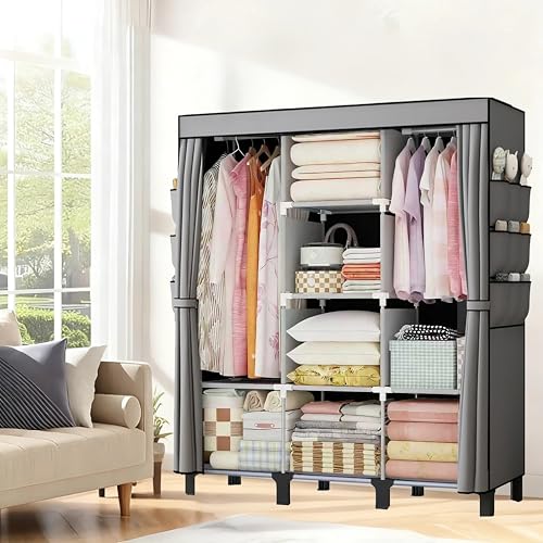 Portable Wardrobe, Easy Hanging Closet 6 Side Pockets Large Capacity Clothes Organizer Comes with 2 Hanging Poles and Shelves, Width 130cm, Depth 45cm, Height 172cm (Grey) - color: Grey