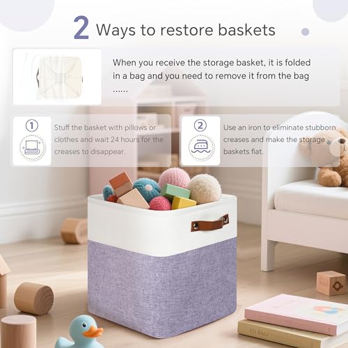 FinishingBo Cube Storage Baskets 6 Pack, 11x11 inch Cube Storage Bins with Leather Handles for Shelf Closet (White/ Purple) - color: White/ Purple