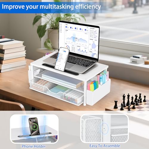 AUPSEN White Monitor Stand Riser, 2-Tier Wood Computer Desk Organizer with Drawer, Pen Storage & Phone Holder, Office Desk Accessories Desktop Organizer for Office Supplies - color: White Wood