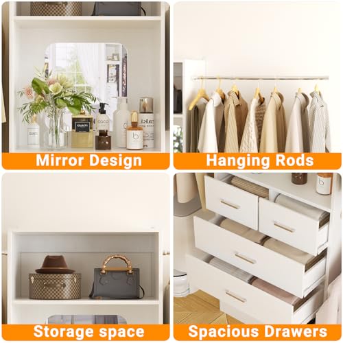 Unikito Closet Systems, 6-14FT Walk in Closet Organizer with 8 Drawers and Mirror, 168" Large Wood Closets Insert with Tower, Sturdy Wardrobe Closets Garment Rack with Extendable Hanging Rods, White