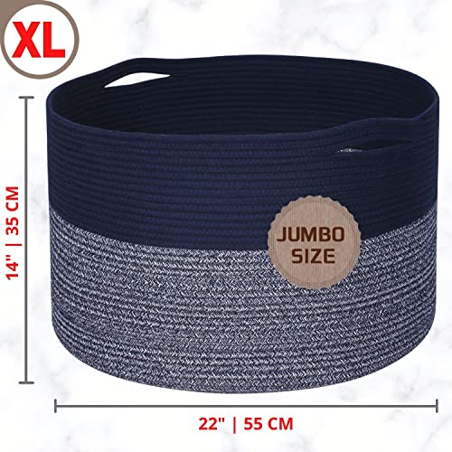 MINTWOOD Design Extra Large 22 x 14 Inches Blanket Storage Basket, Laundry Basket, Decorative Woven Cotton Rope Baskets for Blanket Storage Living Room, Dog Toy Storage Basket Bin, Navy Blue - color: Navy Blue
