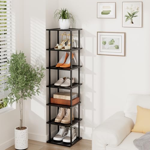 Vertical Tall Shoe Rack Organizer for Entryway -7 Tier Free Standing Slim Narrow Bamboo Wood Corner Stackable Shoe Boots Storage Stand Small Spaces for Closet Garage Cloakroom Living Room (Black) - color: Black, size: 7 Tier