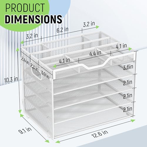 Docnest 5 Tier Mesh Desk Organizer- Letter Tray with Adjustable Compartments, Mesh Desktop Storage Built in Pen Holder and Handles, Desk Organizer Tray for Mail Documents Office Supplies–White - color: White