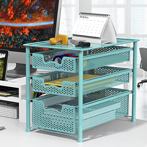 Simple Houseware Stackable 3 Tier Sliding Basket Organizer Drawer, Turquoise - color: Turquoise, size: 3-Tier
