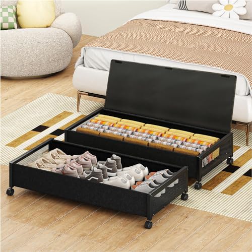 Fokyfok 2 Pack Under the Bed Storage Containers,36 inch Long Underbed Storage with Wheels,7.3 inch Height Under Bed Shoe Storage,Large Rolling under bed Clothes Storage Drawers with Lid for Dorm,Black - color: Black, size: 2PC (36"Lx17"Wx7.3"H)