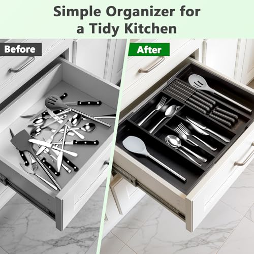 9-Piece Bamboo Kitchen Drawer Organizer Set, Expandable Silverware &Utensil Organizer with Removable Knife Block & Steak Knives, Flatware Organization, Tableware Dividers Storage(Black) - color: Black