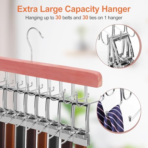 TOPIA HANGER Cedar 2 in 1 Belt Tie Hanger for Closet Max 30 Belts with 30 Ties Capacity, 20 Hooks Belt Tie Racks Hanger for Closet Organizer Storage “U” Fit Belt and “一” Fit Tie - CT53C - color: Cedar