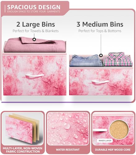Sorbus Kids Dresser with 5 Drawers - Storage Chest Organizer Unit with Steel Frame, Wood Top & Handles, Tie-dye Fabric Bins for Clothes - Wide Furniture for Bedroom Hallway Kids Room Nursery & Closet - color: Pink Tie Dye, style: 5-Drawer