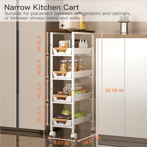 5 Tier Slim Rolling Storage Cart with Wood Top, Narrow Laundry Room Organizer for Tight Gaps, Metal Bathroom Gap Filler, Kitchen Pantry Trolley, Small Spaces (White) - color: White