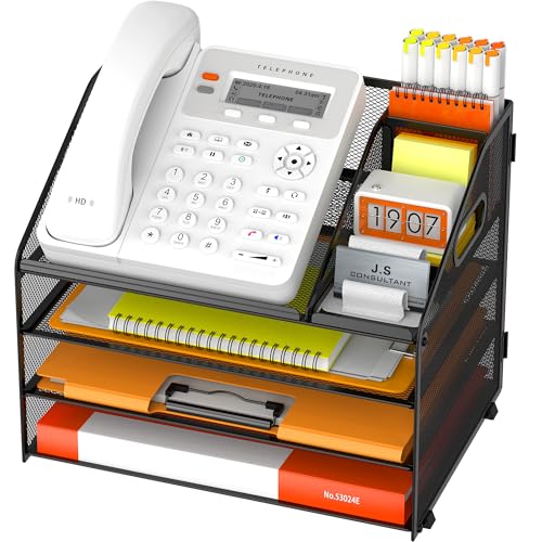 DocNest 4 Tier Metal Mesh Letter Tray - Space Saving Desk File Organizer with Handle, Pen Holder & Folder Holder - Desktop Document Sorter for Office, Home, School, Classroom - Black - color: Black, size: 12.6" x 9.1" x 10.3"
