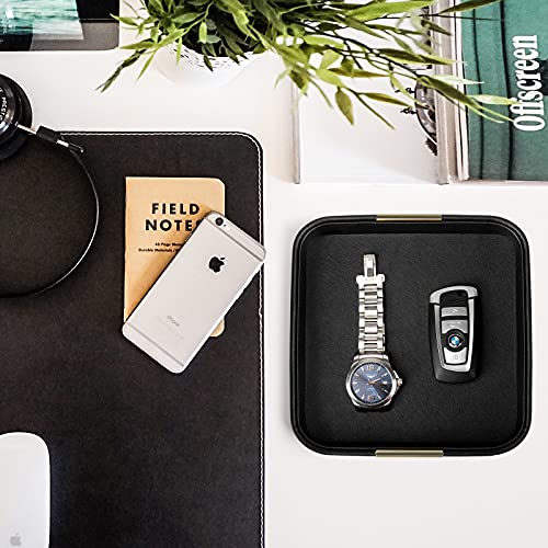 SANZIE Luxury Leather Desktop Storage Small Catchall Organizer Decorative Tray for Entryway Table to Hold Jewelry Watch Cosmetics Keys Phone Wallet, Home & Office Accessories (Metal Gilded, Black) - color: Black (Metal Glided), size: 7.5" x 7.2" x 2"