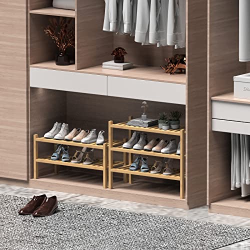 ROMGUAR CRAFT (Thick Bamboo Shoe Rack for Entryway, 3-Tier Free Standing Shoe Racks Stackable Shoe Rack Organizer for Hallway Closet Living Room 27 x12 x21 Inches - color: Natural, size: 3 Tier(Thick)