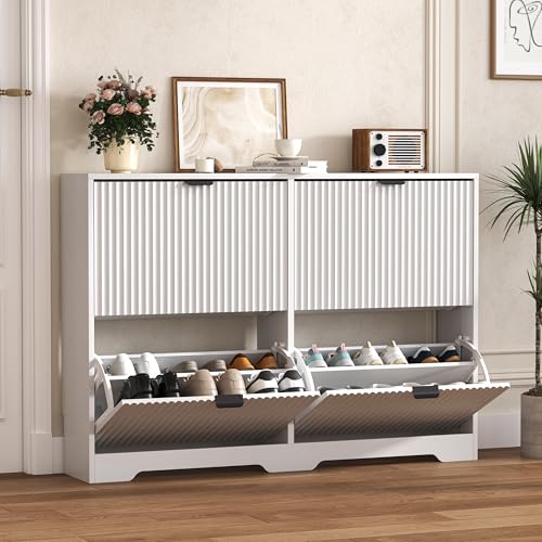 Shoe Cabinet Storage for Entryway with 4 Flip Drawers, White Fluted Shoe Cabinet with Adjustable Shelves, Wooden Hidden Shoes Rack Freestanding Narrow Slim Shoes Storage for Hallway, Entrance - color: White, size: 4 Drawer without Bench