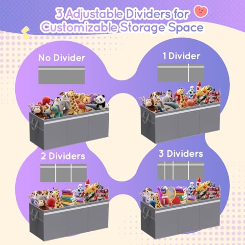 Lewondr 160L Extra Large Toy Storage Organizer with Lid, 40"x16"x16"Collapsible Sturdy Toy box, Toy Chest for Boys Girls, Toybox Storage Bins with 3 Removable Dividers for Living Room, Nursery, Grey