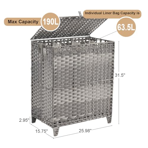Laundry Hamper with Lid, 190L Large Laundry Basket 3 Section with 6 Removable Liner Bags & 3 Mesh Laundry Bags, Handwoven Rattan Clothes Hamper with Heightened Feet, No Install Needed, Grey - color: Grey