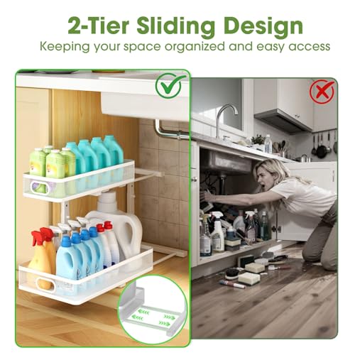 Under Sink Organizer 4-Pack, Metal 2-Tier Pull-Out Cabinet Shelf with Slide-Out Mesh Drawers, Height Adjustable, Space-Saving Storage Racks for Kitchen, Bathroom, Laundry Room, White - color: White-4 Pack